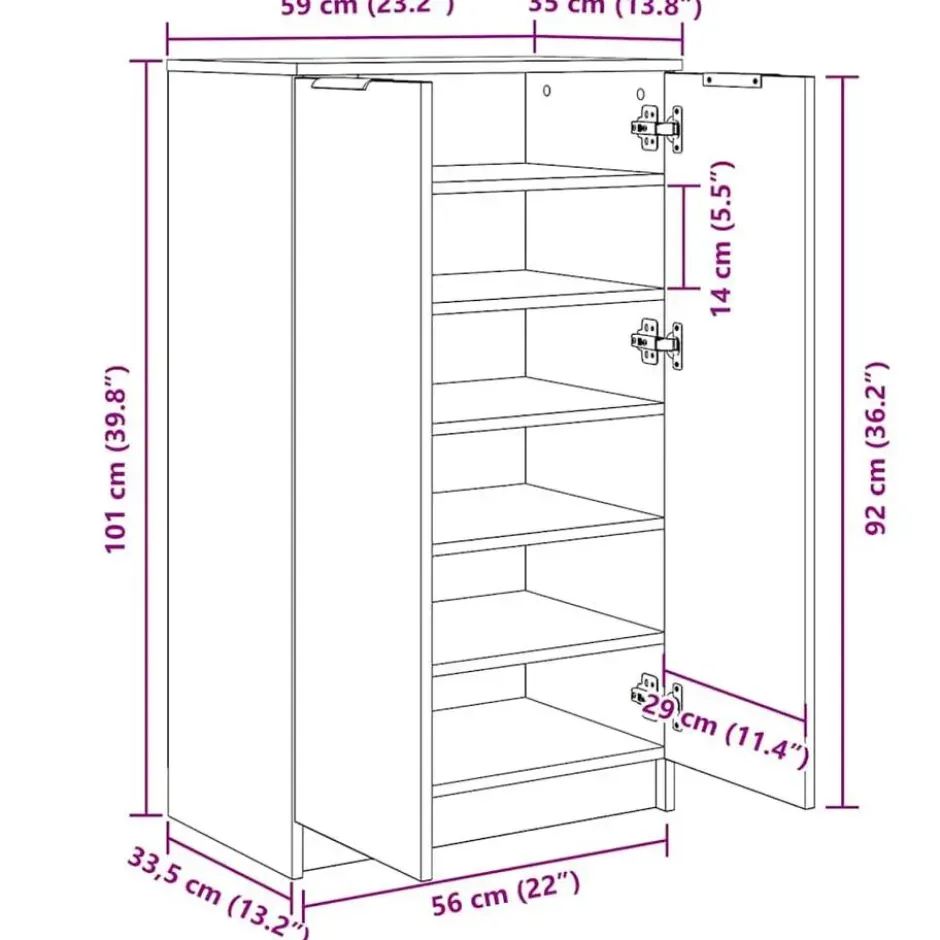 vidaXL - Schoenenkast met 2 deuren - Betongrijs - Bewerkt hout - 59x35x100.5 cm