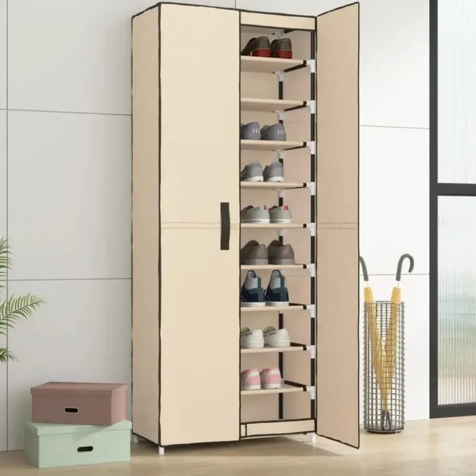 vidaXL - Schoenenkast met stoffen deuren - 18 paar - Crème - 60x30x166 cm