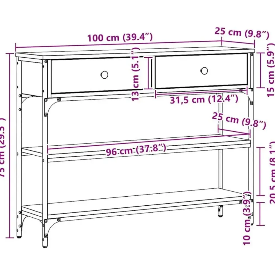 vidaXL - Sidetable met 2 lades 2 schappen - Zwart - Bewerkt hout - 100x25x75 cm