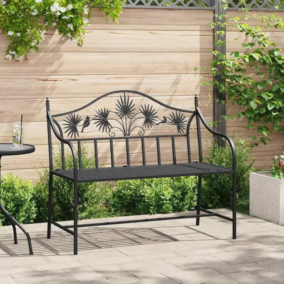 vidaXL Tuinbank met vogels en bloemen ontwerp -Zwart - Staal - 104x52.5x89 cm