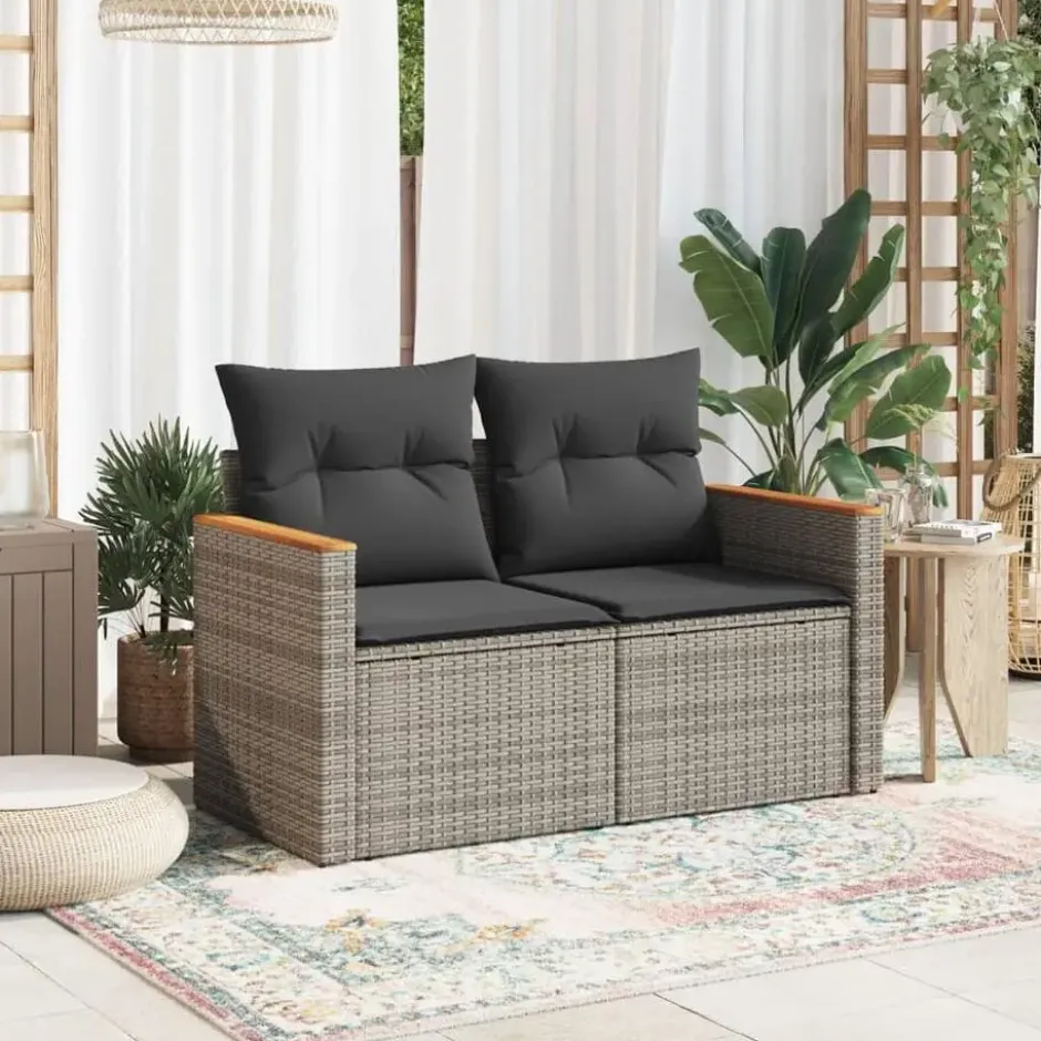 vidaXL - Tuinbank 2-zits - Grijs - Poly rattan - Met kussens