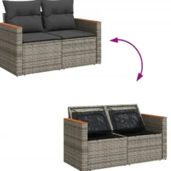vidaXL - Tuinbank 2-zits - Grijs - Poly rattan - Met kussens