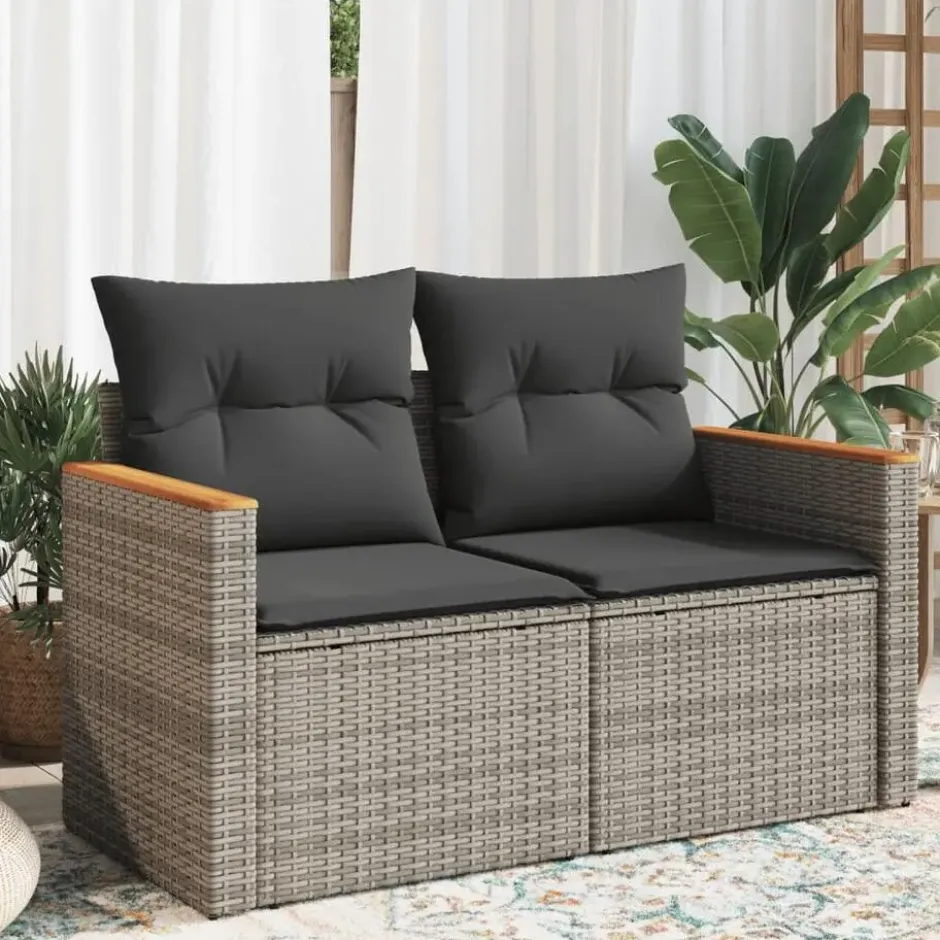 vidaXL - Tuinbank 2-zits - Grijs - Poly rattan - Met kussens