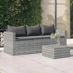 vidaXL - Tuinbank 3-zits - Grijs - Poly rattan - Met kussens