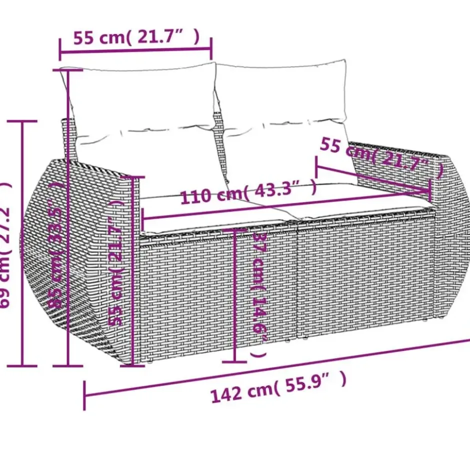 vidaXL - Tuinbank 2-zits - Zwart - Poly rattan - Met kussens