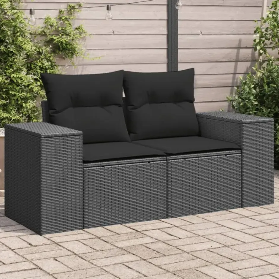 vidaXL - Tuinbank 2-zits - Zwart - Poly rattan - Met kussens