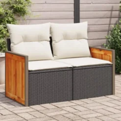 vidaXL - Tuinbank 2-zits - Zwart - Poly rattan - Met kussens