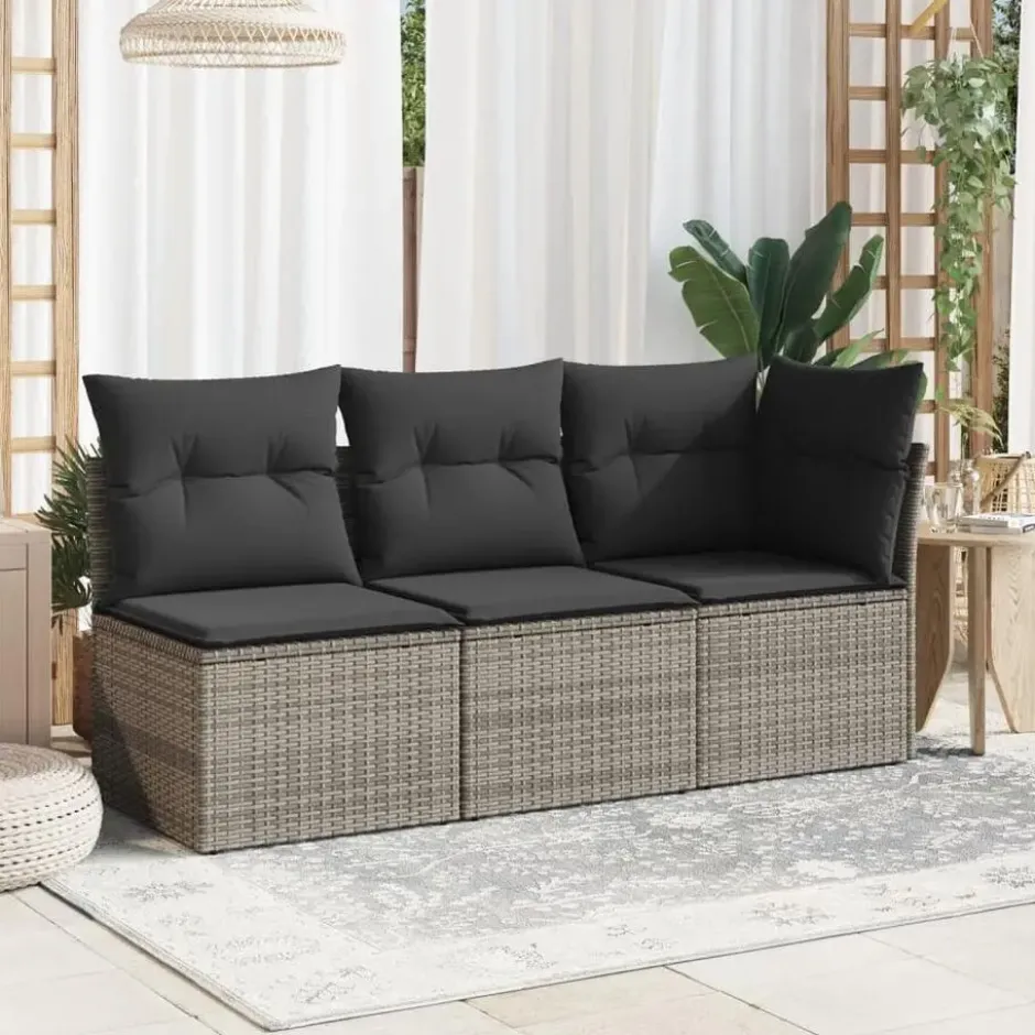 vidaXL - Tuinbank zonder armleuning - Grijs - Poly rattan - Met kussens