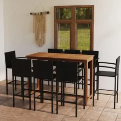 vidaXL - Tuinbarset met Armleuningen - Zwart Poly Rattan - 150x70 cm - 9 St.