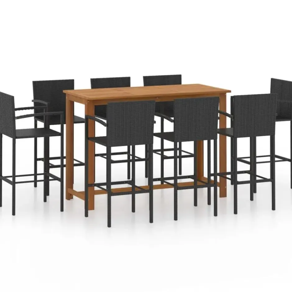 vidaXL - Tuinbarset met Armleuningen - Zwart Poly Rattan - 150x70 cm - 9 St.