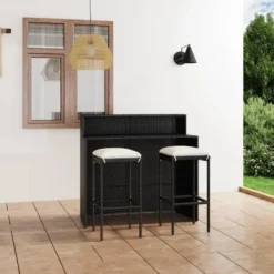 vidaXL Tuinbarset met Dubbel tafekblad en kussens - Zwart Poly Rattan - 3 stuks