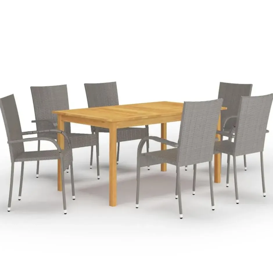 vidaXL - Tuinset grijs - 6 fauteuils en 150x90 cm tafel - Poly rattan en hout