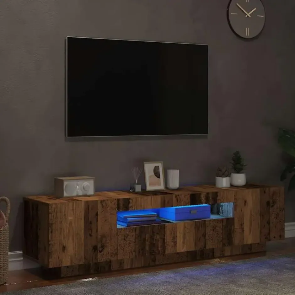 vidaXL - TV-meubel met LED en 3 deuren - Oud hout - 160x35x40 cm