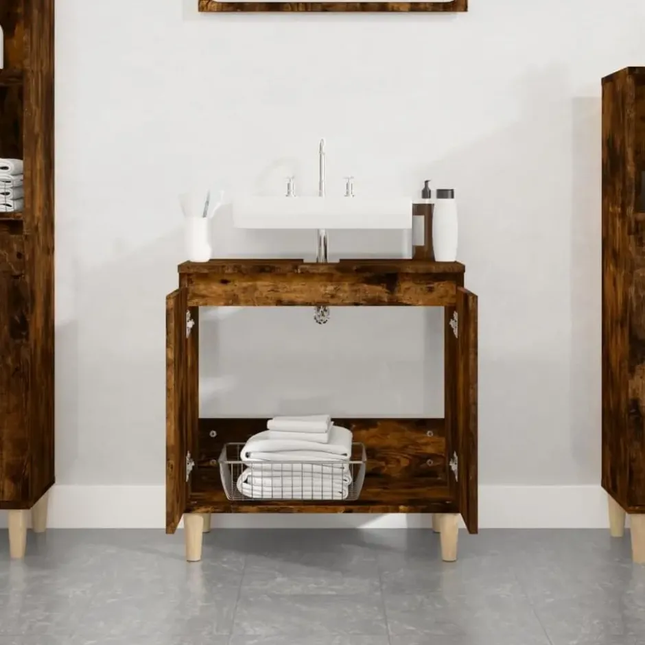 vidaXL - Wastafelkast 58x33x60 cm bewerkt hout gerookt eikenkleurig