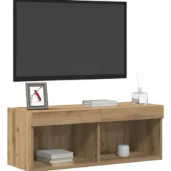 vidaXL - Zwevend LED TV-meubel met 2 vakken - Artisanaal eiken - 80x30x30 cm