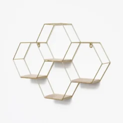 Vierdubbel zeshoekig metalen wandrek met 4 houten plankjes - 40,5x58 cm - Goud