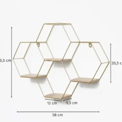 Vierdubbel zeshoekig metalen wandrek met 4 houten plankjes - 40,5x58 cm - Goud