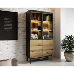 Vitrinekast LABENIA - 100.1 cmx39.4 cmx188.4 cm - Zwart Natuurlijk licht Hout
