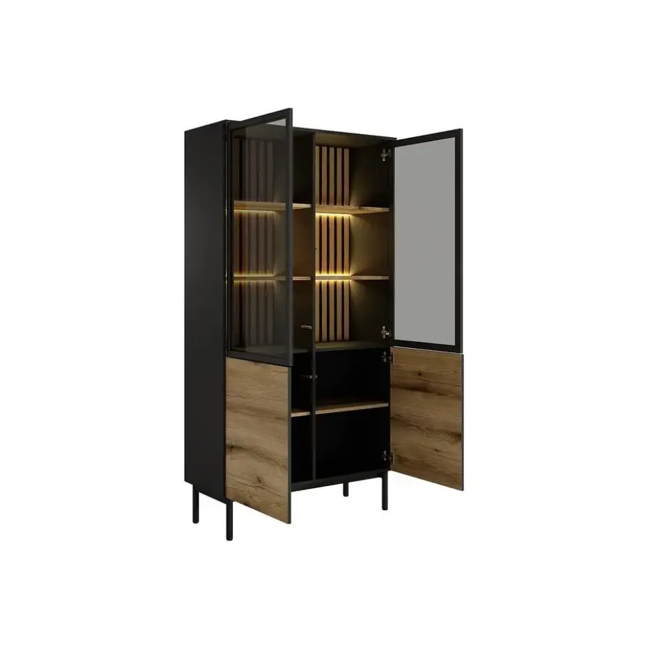 Vitrinekast LABENIA - 100.1 cmx39.4 cmx188.4 cm - Zwart Natuurlijk licht Hout
