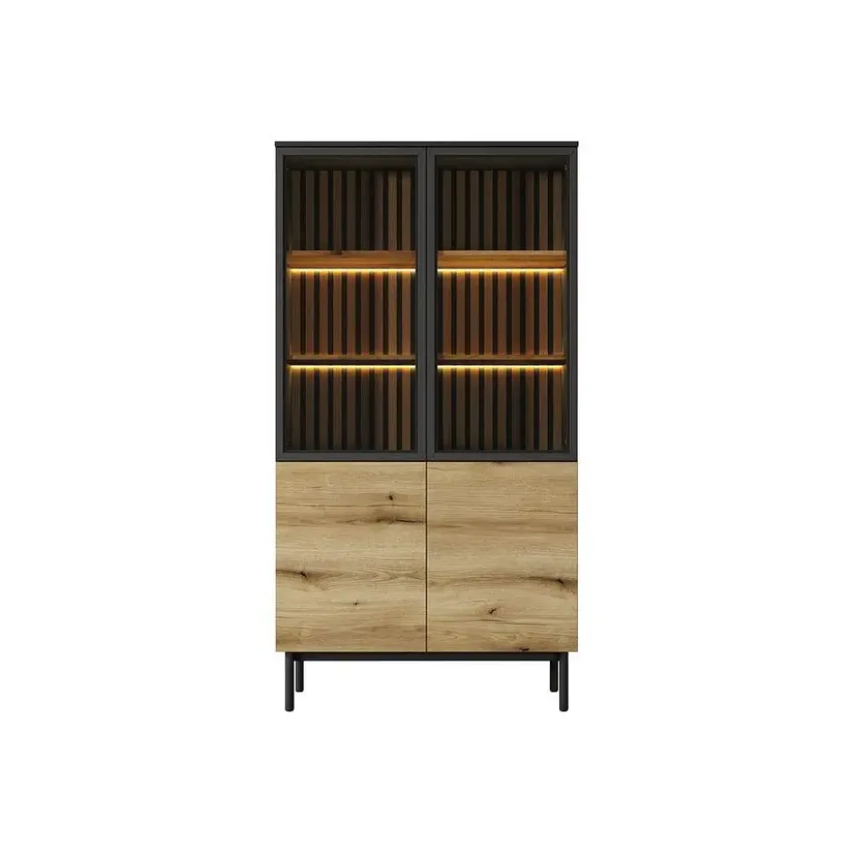 Vitrinekast LABENIA - 100.1 cmx39.4 cmx188.4 cm - Zwart Natuurlijk licht Hout