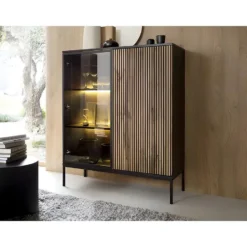 Vitrinekast OVILA - 103.5 cmx39 cmx125.5 cm - Zwart Natuurlijk licht Glas Hout