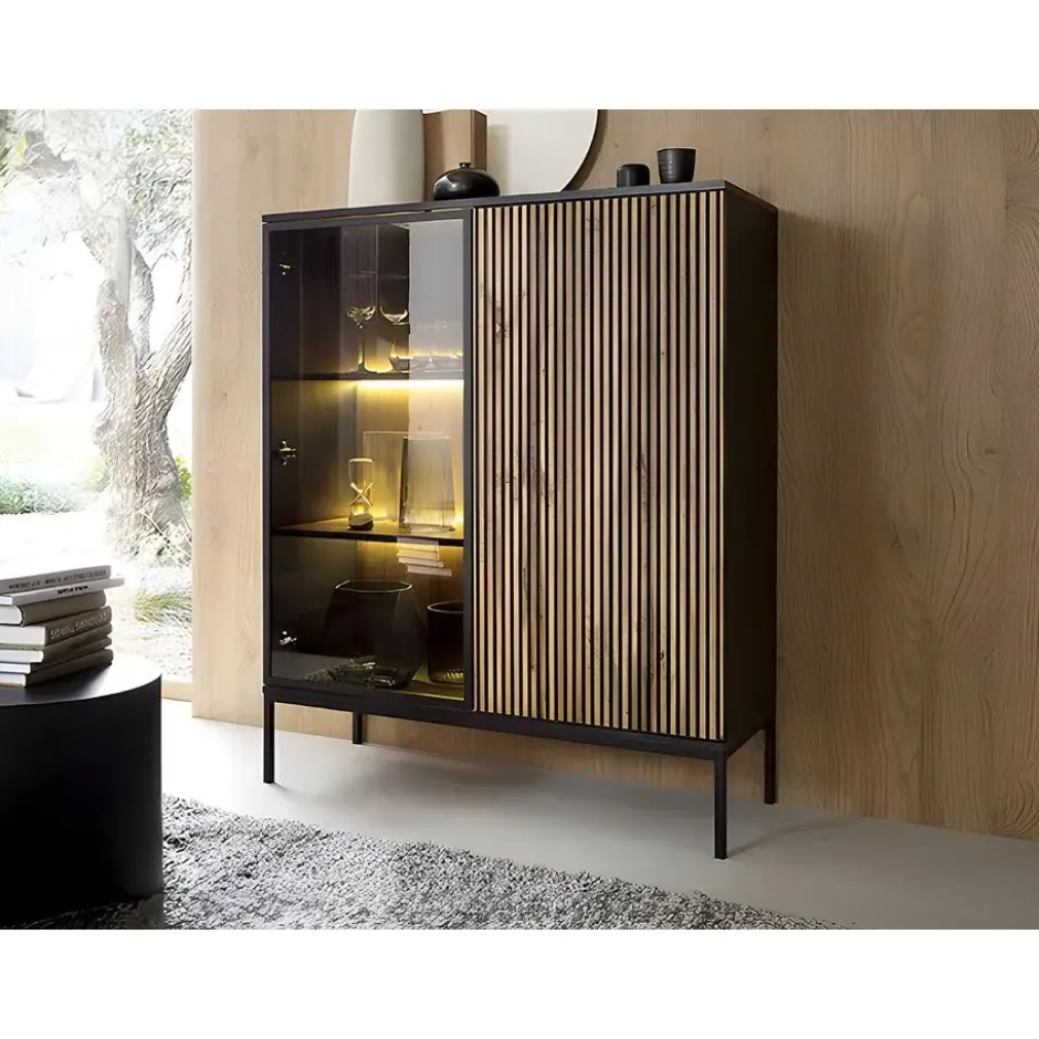 Vitrinekast OVILA - 103.5 cmx39 cmx125.5 cm - Zwart Natuurlijk licht Glas Hout
