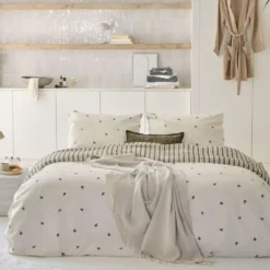 Walra - Dekbedovertrek Remade Blossom Lines - 200x220 cm - Off White / Groen