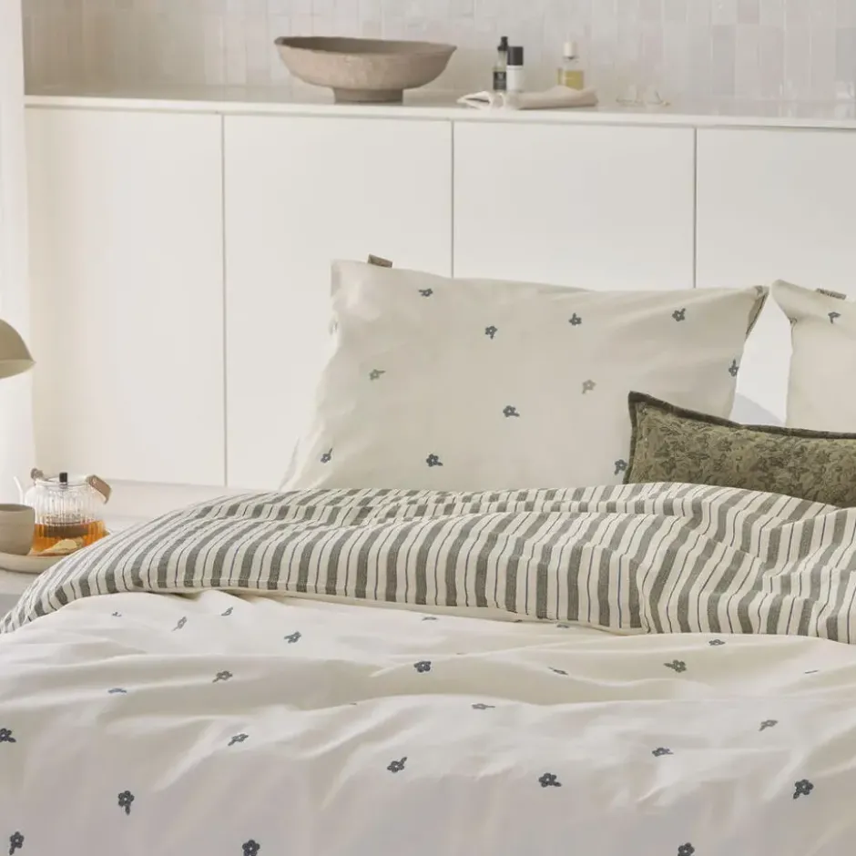 Walra - Dekbedovertrek Remade Blossom Lines - 200x220 cm - Off White / Groen