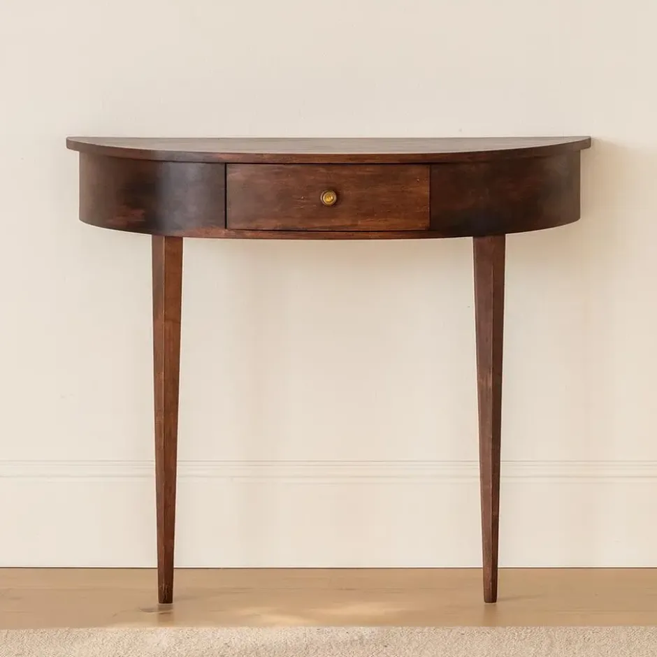 Wandgemonteerde kastanjehouten console zonder rugleuning, 1 lade, bruin
