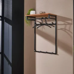 Wandkapstok Met Hoedenplank - 2x 4 Haken - Acaciahout & Metaal