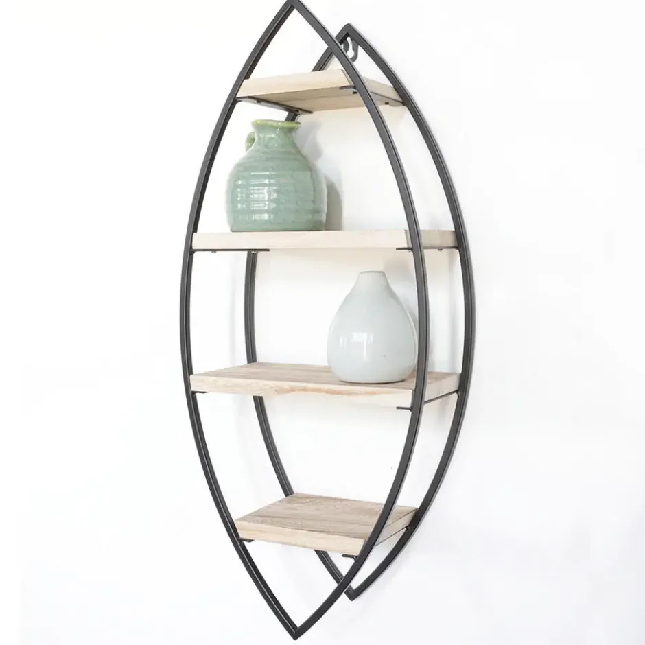 Wandrek ovaal met 4 houten plankjes - 36x80cm
