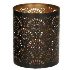 Windlicht - motief - 2x - zwart/goud - 10/15 cm - theelichthouder