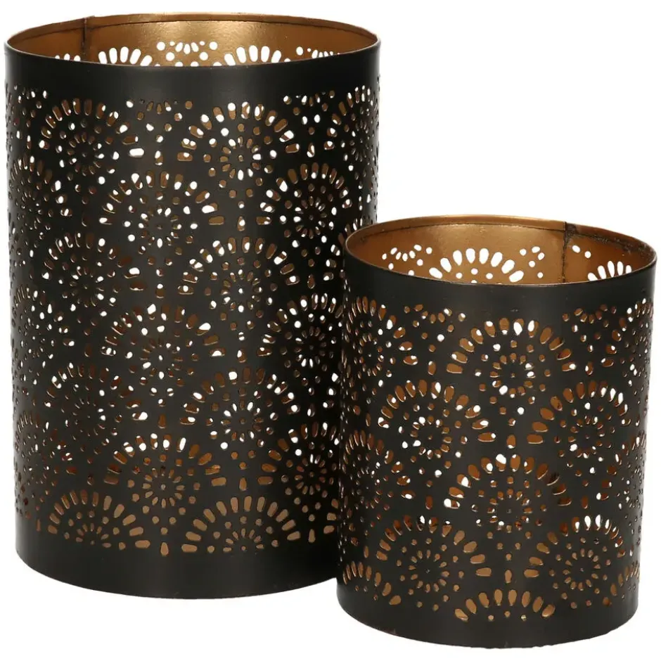 Windlicht - motief - 2x - zwart/goud - 10/15 cm - theelichthouder