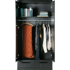 WOOOD Connect Kledingkast 2-Deurs met Lade- Grenen - Zwart - 195x94x53