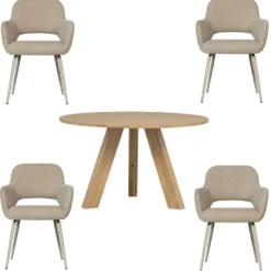 WOOOD eettafel Rhonda - Eiken & eetkamerstoelen Jenny - Stof - Naturel