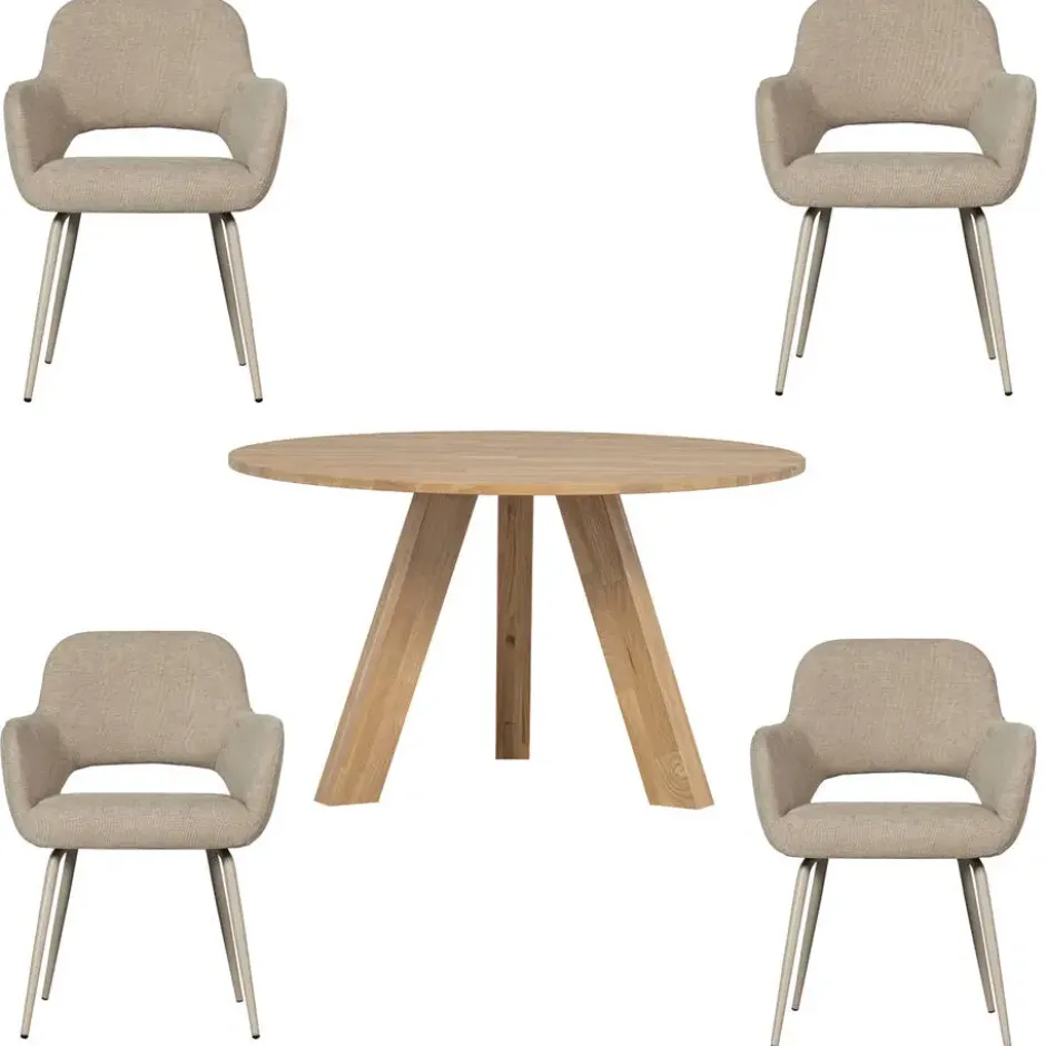 WOOOD eettafel Rhonda - Eiken & eetkamerstoelen Jenny - Stof - Naturel