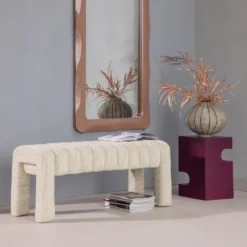 WOOOD Frex Bankje Gestoffeerd - BouclƩ - Naturel - 48x110x43