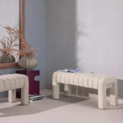 WOOOD Frex Bankje Gestoffeerd - Bouclé - Naturel - 48x110x43