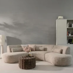 WOOOD Olven Poef Laag - Fluffy Stof - Bruin - 36x60x60