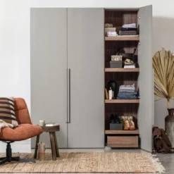 WOOOD Rens Kledingkast 3-Deurs - Noten/Grijs - 210x165x58