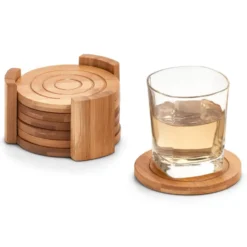 Zeller Onderzetters - 6x - in houder - bamboe hout - 10 cm