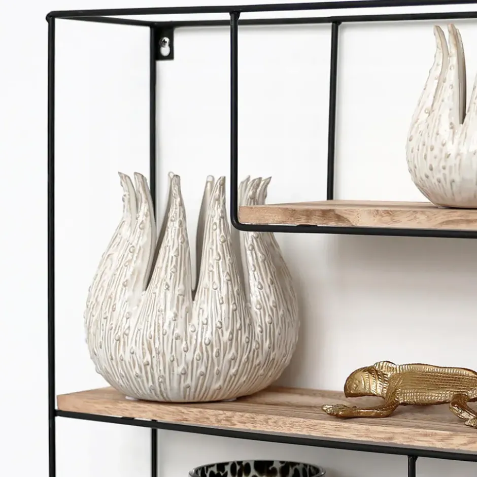 Zwart metalen wandrek met 4 houten plankjes - Rechthoek - 55x45x11 cm