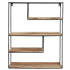 Zwart metalen wandrek met 4 houten plankjes - Rechthoek - 55x45x11 cm