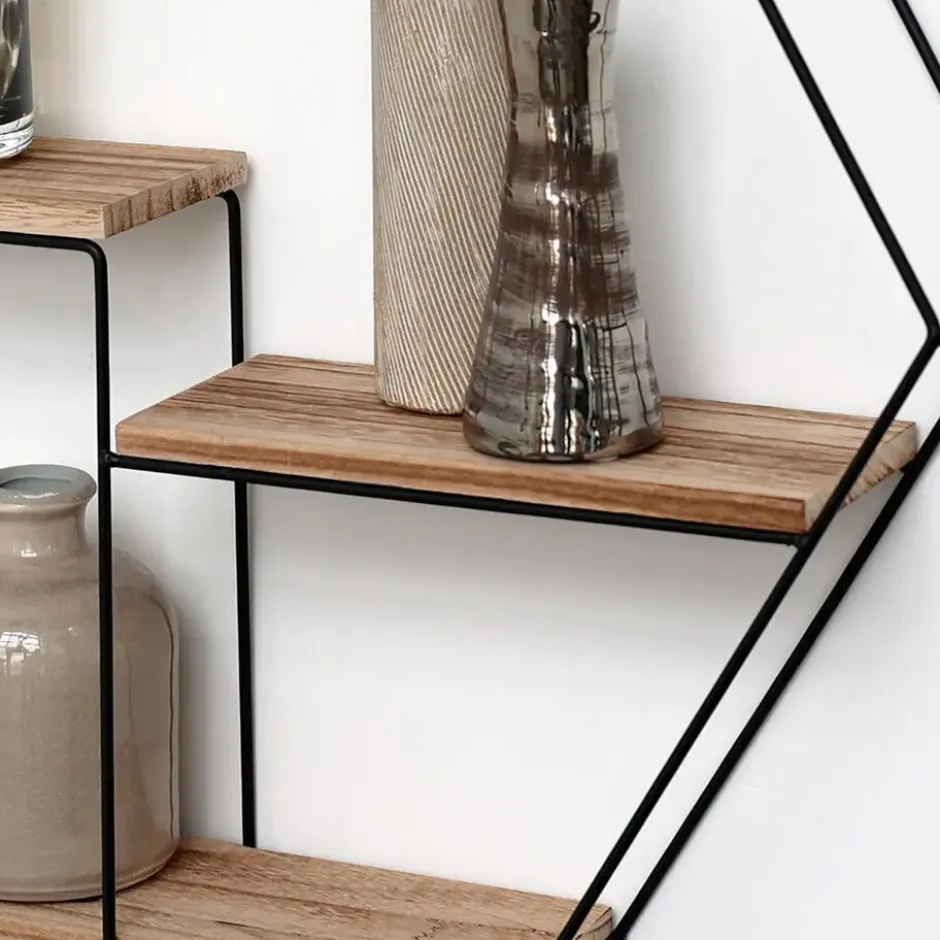 Zwart metalen wandrek met 3 houten plankjes - Zeshoek - 48x55x10 cm