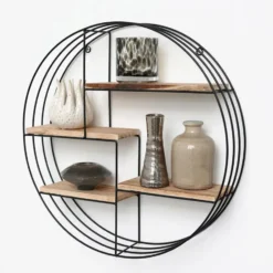 Zwart metalen wandrek met 4 houten plankjes - Rond - 50x11 cm