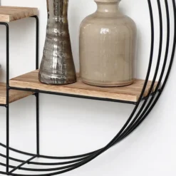 Zwart metalen wandrek met 4 houten plankjes - Rond - 50x11 cm