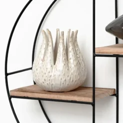 Zwart metalen wandrek met 2 houten plankjes - Rond - 37x10 cm