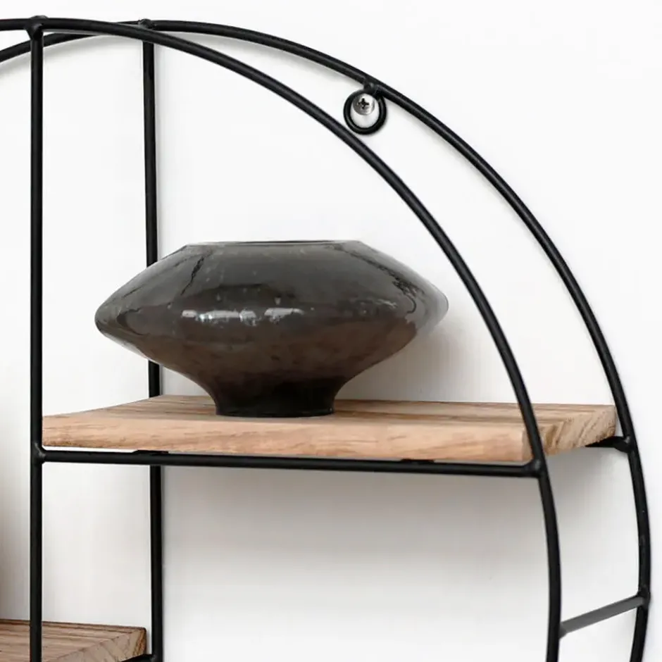 Zwart metalen wandrek met 2 houten plankjes - Rond - 37x10 cm