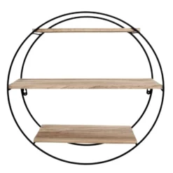Zwart metalen wandrek met 3 houten plankjes - Rond - 50x19 cm