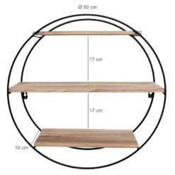 Zwart metalen wandrek met 3 houten plankjes - Rond - 50x19 cm